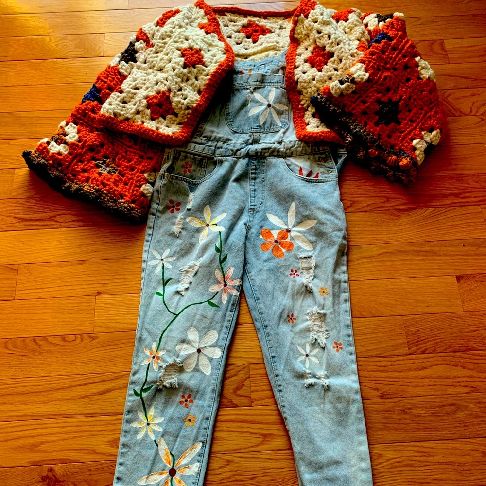 Hand painted denim overalls